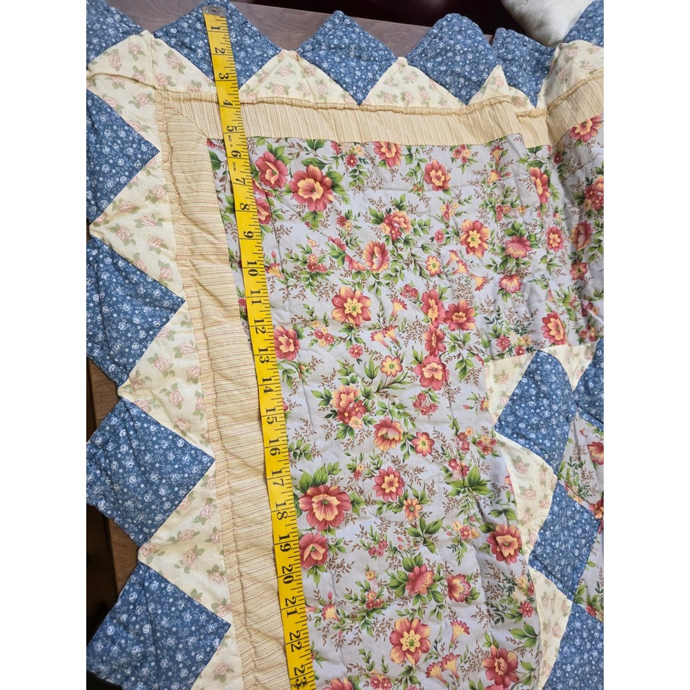 Handmade Patchwork Quilt Floral Gingham Blue Green Yellow Sawtooth Border 81x78 - Picture 8 of 10